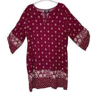 Bohee Wohee Red Floral Print Dress 3/4 Ruching Sleeves Pockets Keyhole Boho Sm